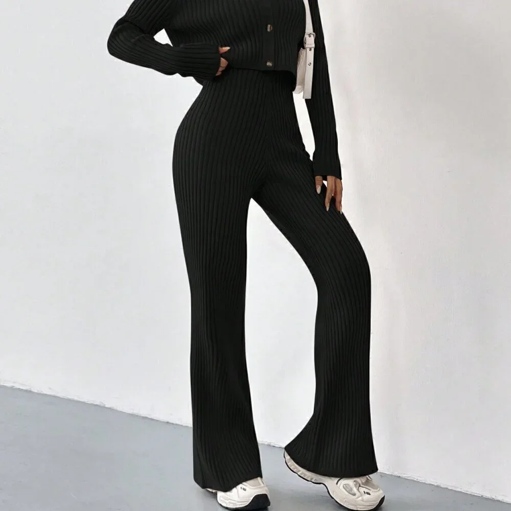 Black Casual Women's Summer Ribbed Knit Cardigan & Flare Leg Knit Pants set